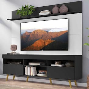 Rack com Painel TV 65" Madri Multimóveis Preto/Branco com Prateleira e Pés Retrô Natural