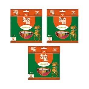 Kit 03 Giz de Cera Infantil Grande Big 12 Cores Escolar Leo&Leo