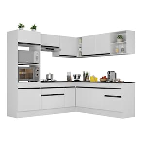 Armário de Cozinha Completa de Canto com Rodapé Veneza Multimóveis MP2080.964 Branco/Preto