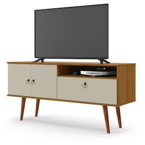 Rack Bancada Topazio TV 55 Polegadas Nicho Porta Basculante Pés Madeira Retrô Aparador Decoração Sala Estar Quarto Pequeno – Cumaru/Off White- RPM
