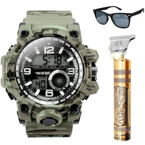 Relogio Digital + Maquina Cortar Cabelo Qualidade Premium Protecao Uv Camuflado Presente Verde