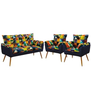 Kit Poltrona Namoradeira e 2 Poltronas Beta Sued Estampado Colorido com Azul Marinho Aradecor