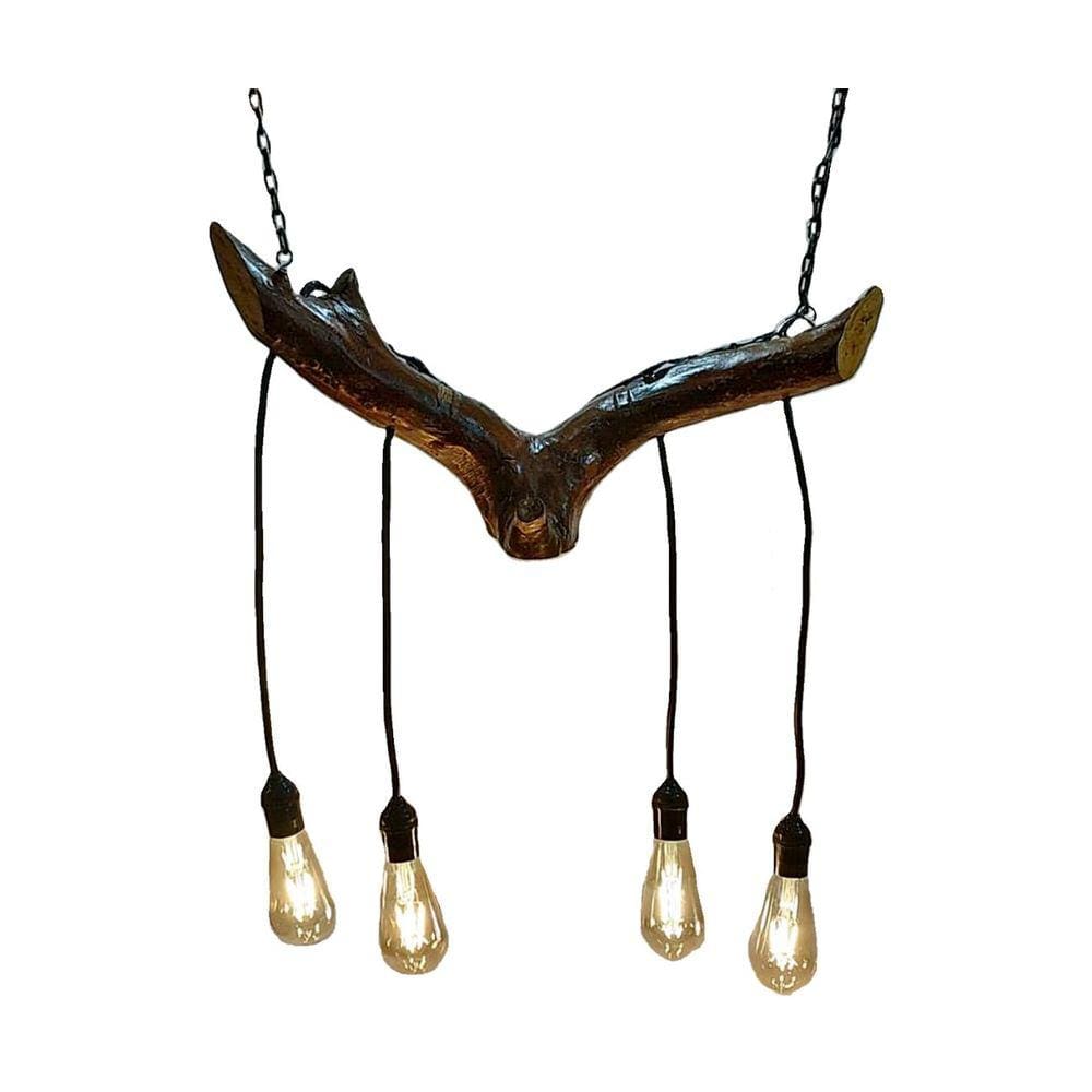 Lustre Luminária 58cm Madeira Rustica p/ 4 Lâmpadas-Bivolt