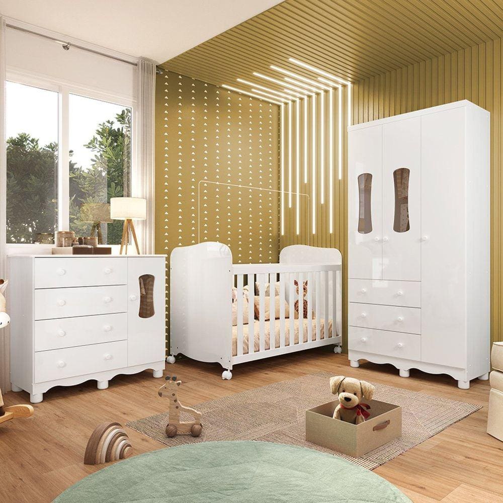 Quarto de Bebê Completo com Guarda Roupas 3 Portas Cômoda e Berço com Rodizio 100% Mdf Lana Espresso Branco Brilho