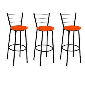 Kit 3 Banquetas Médias Preta com Encosto Assento Laranja
