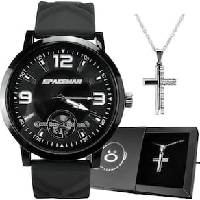 Relogio Masculino Aço Inox + Caixa Pingente Cruz Social Silicone Ajustavel Casual Cordao Relogio