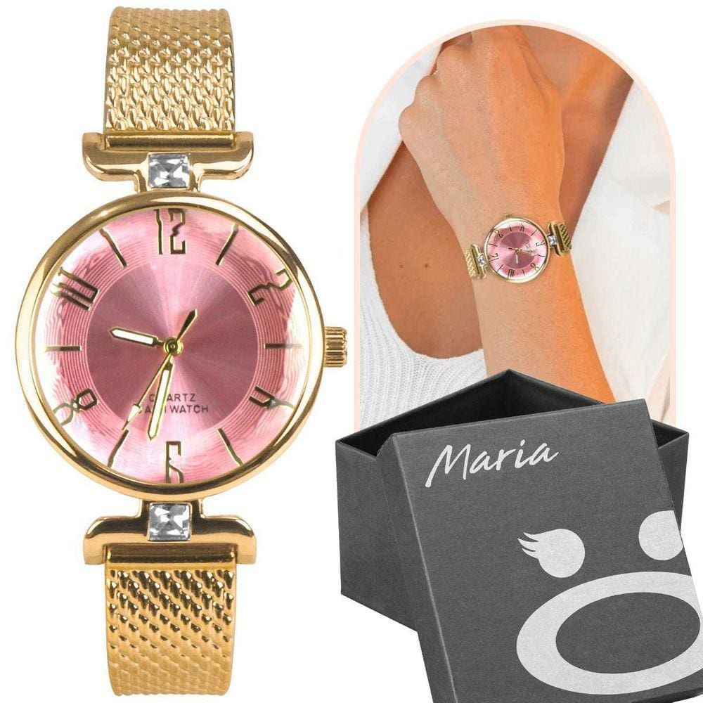 Relogio Feminino Banhado Dourado Aço Inox Silicone + Caixa