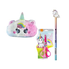 Kit Unicornio 1 Estojo Escolar Pelúcia + 1 Lápis + 1 Tesoura