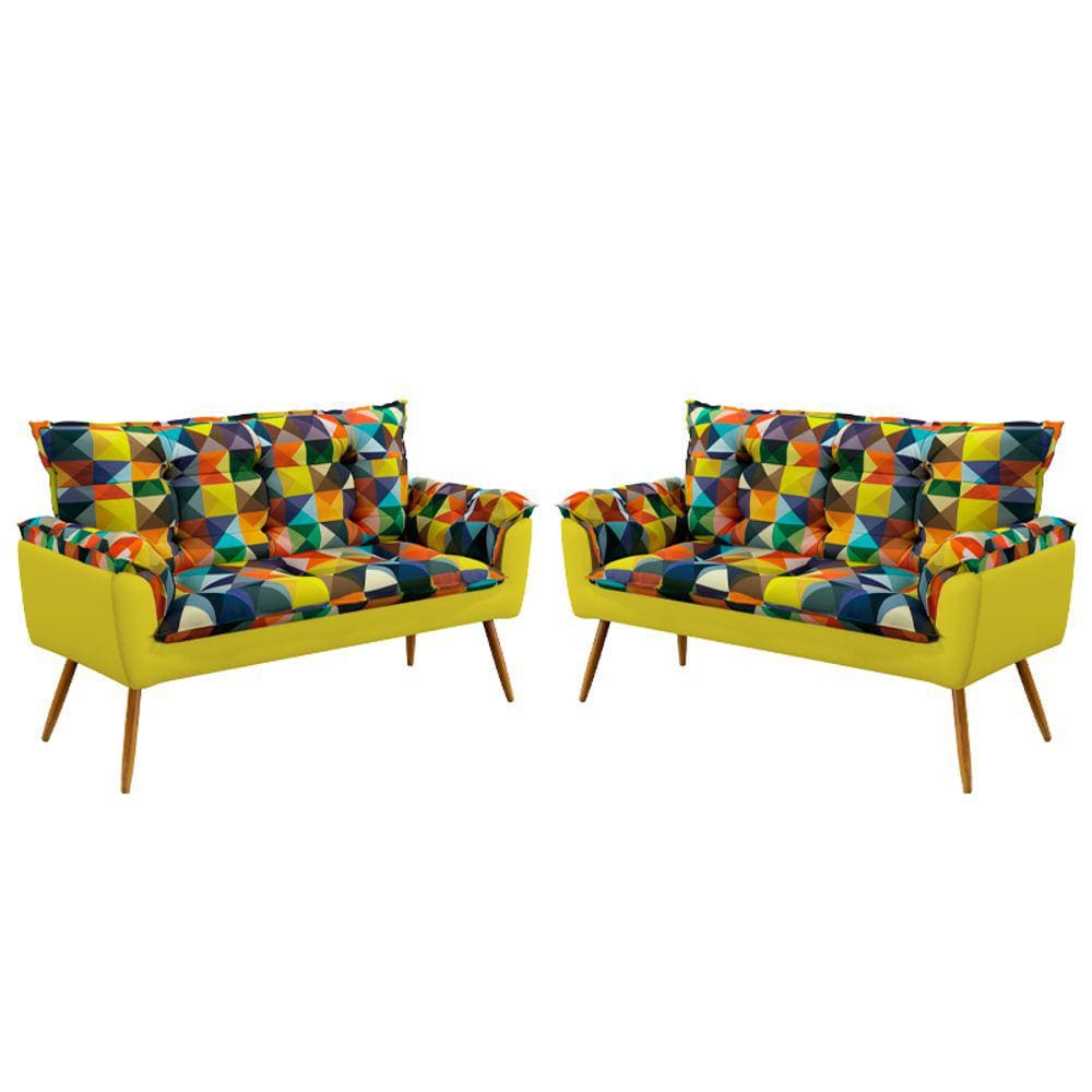 Kit 2 Poltronas Namoradeira Beta Sued Estampado Colorido com Amarelo Aradecor