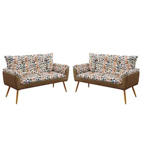 Kit 2 Poltronas Decorativas Namoradeira Beta Sued Estampado Laranja com Capuccino Aradecor