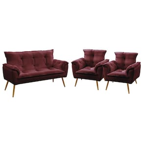 Kit Poltrona Namoradeira e 2 Poltronas Decorativas Beta Sued Bordô Aradecor