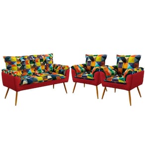 Kit Poltrona Namoradeira e 2 Poltronas Beta Sued Estampado Colorido com Vermelho Aradecor