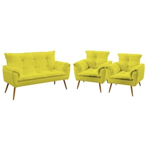 Kit Poltrona Namoradeira e 2 Poltronas Decorativas Beta Sued Amarelo Aradecor