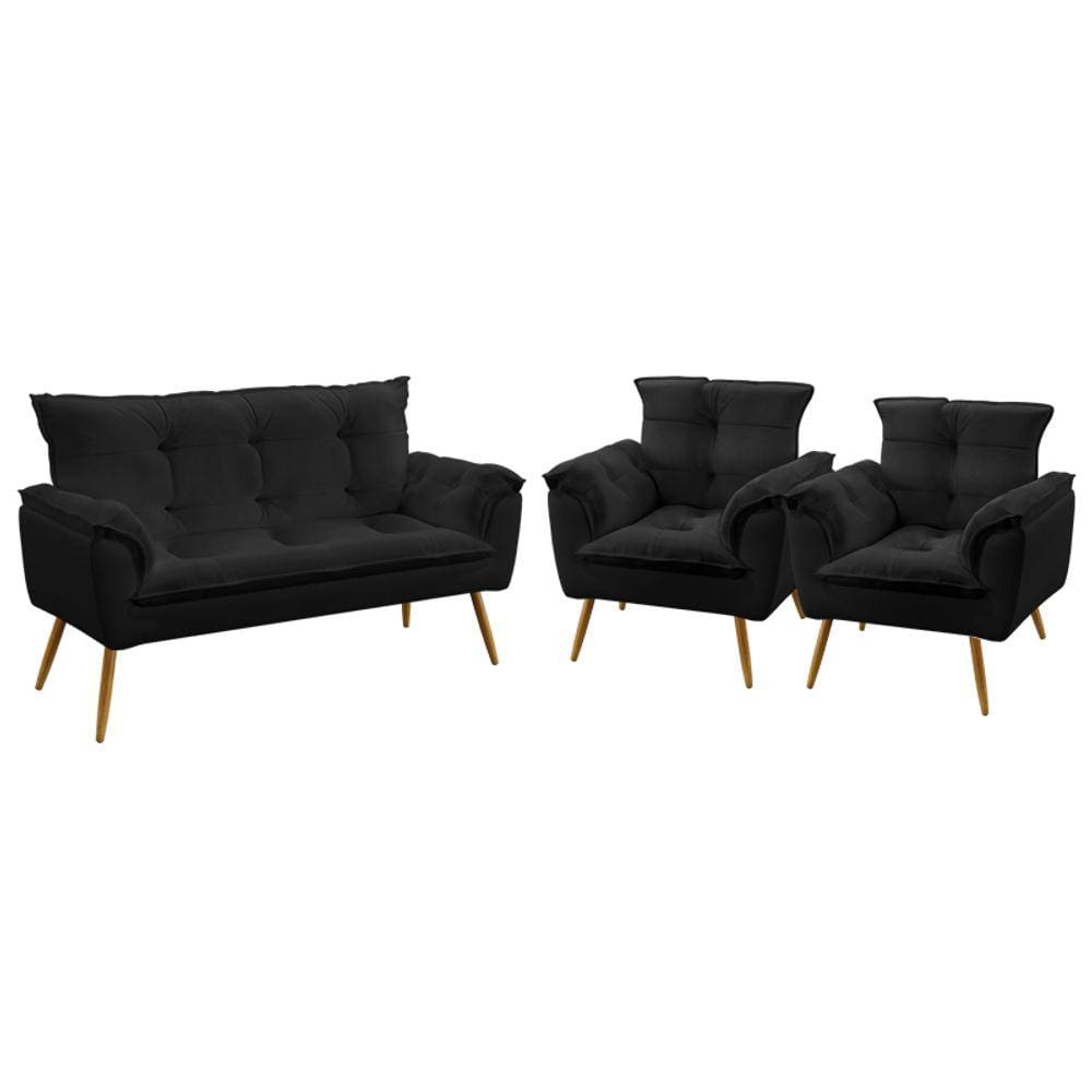 Kit Poltrona Namoradeira e 2 Poltronas Decorativas Beta Sued Preto Aradecor