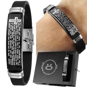 Pulseira Masculina Pai Nosso Preta Placa Aço Inox + Caixa Qualidade Premium Religiosa Silicone