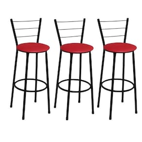 Kit 3 Banquetas Médias Preta com Encosto Assento Vermelho