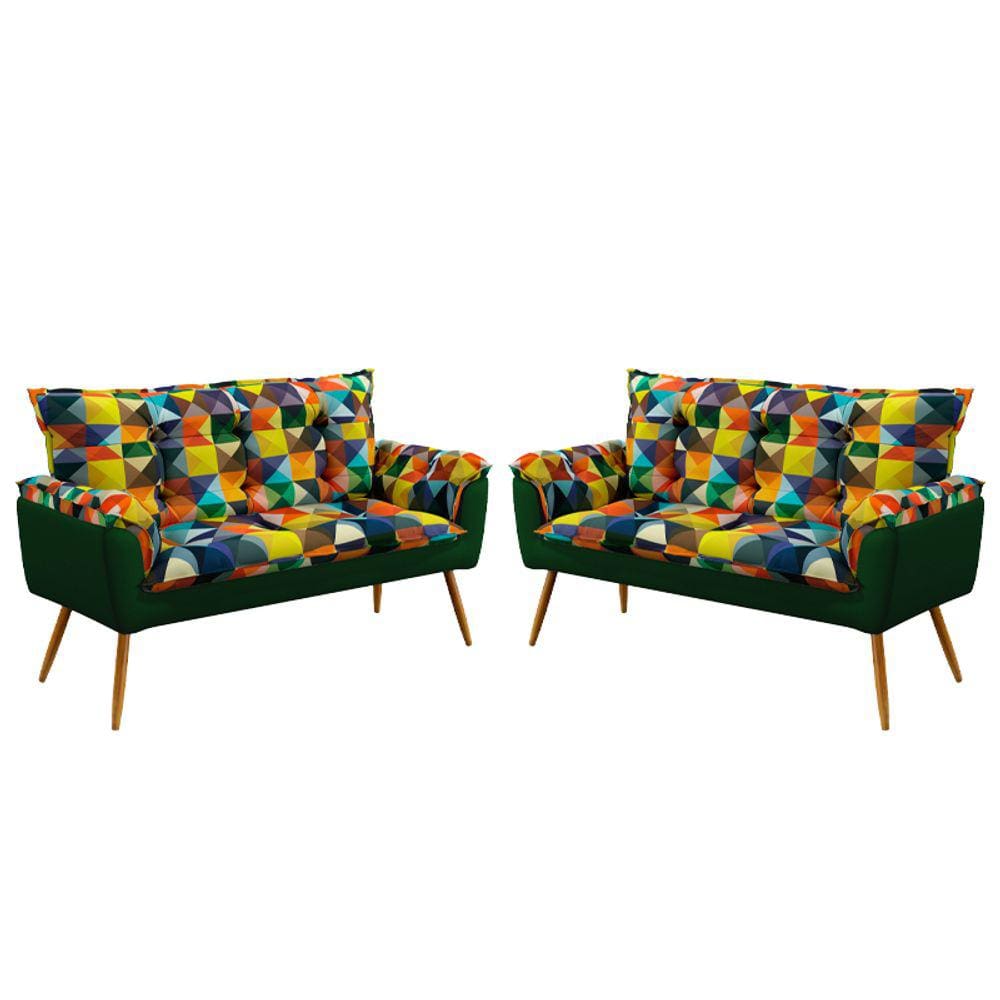 Kit 2 Poltronas Namoradeira Beta Sued Estampado Colorido com Verde Aradecor