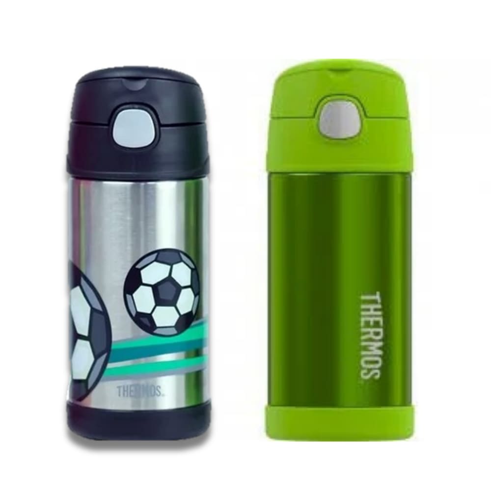 Kit 2 Garrafa Térmica Infantil Inox 355ml Canudo Com Alça Verde e Bola