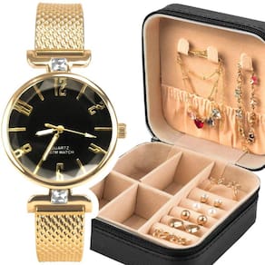 Relogio feminino banhado + colar + pulseira + brincos qualidade premium prova dagua casual