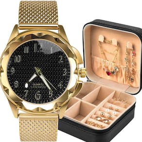 Relogio dourado banhado + pulseira + porta joia social maria prova dagua silicone ajustavel