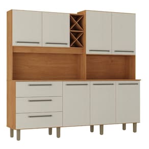 Armário para Cozinha 7 Portas 3 Gavetas com Balcão e Porta Garrafas Ajax Cinamomo / Areia