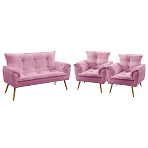 Kit Poltrona Namoradeira e 2 Poltronas Decorativas Beta Sued Rosê Aradecor