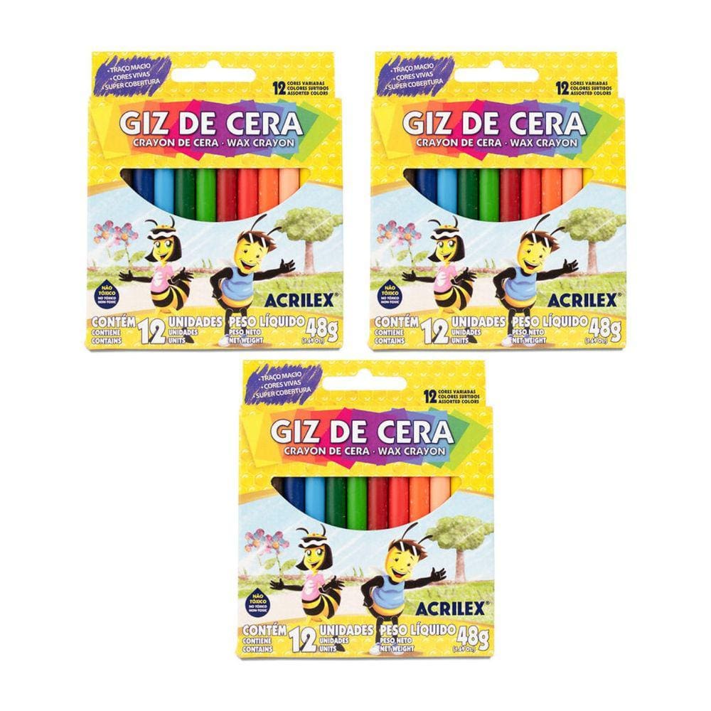 Kit 03 Giz de Cera Acrilex 12 cores - 48g
