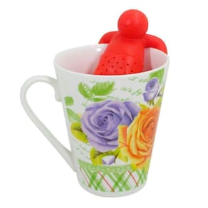 Kit Caneca Vintage Floral Estampada Cerâmica 330ml E Boneco Infr De Chá Silicone