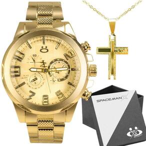 Relogio Masculino Dourado Aço Inox + Caixa + Cordão Cruz