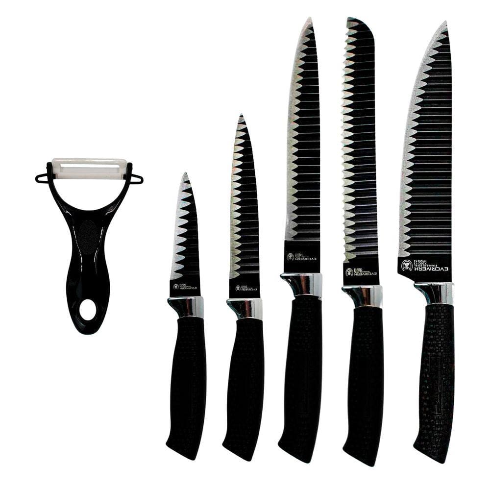 Jogo Facas 6 Peças Aço Inox Descascador Preto