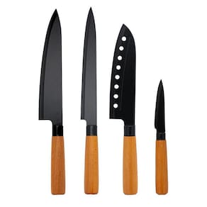 Jogo 4 Facas do Chef, Peixeira, Japonesa e Legumes Inox Premium Wood Black Cabo Madeira - Tuut