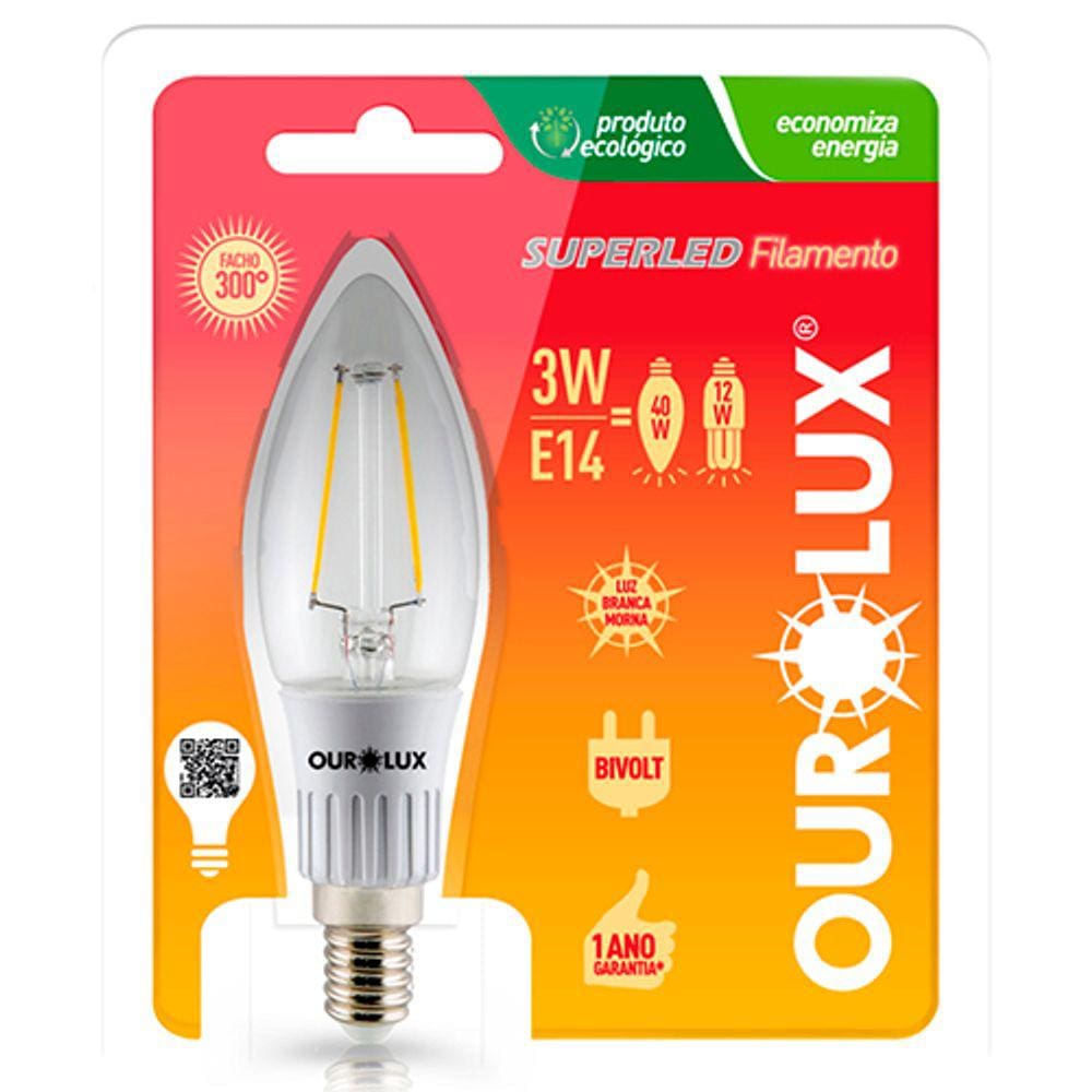 Lâmpada Filamento Led Vela 3w E14 Branco Frio 6000k Bivolt