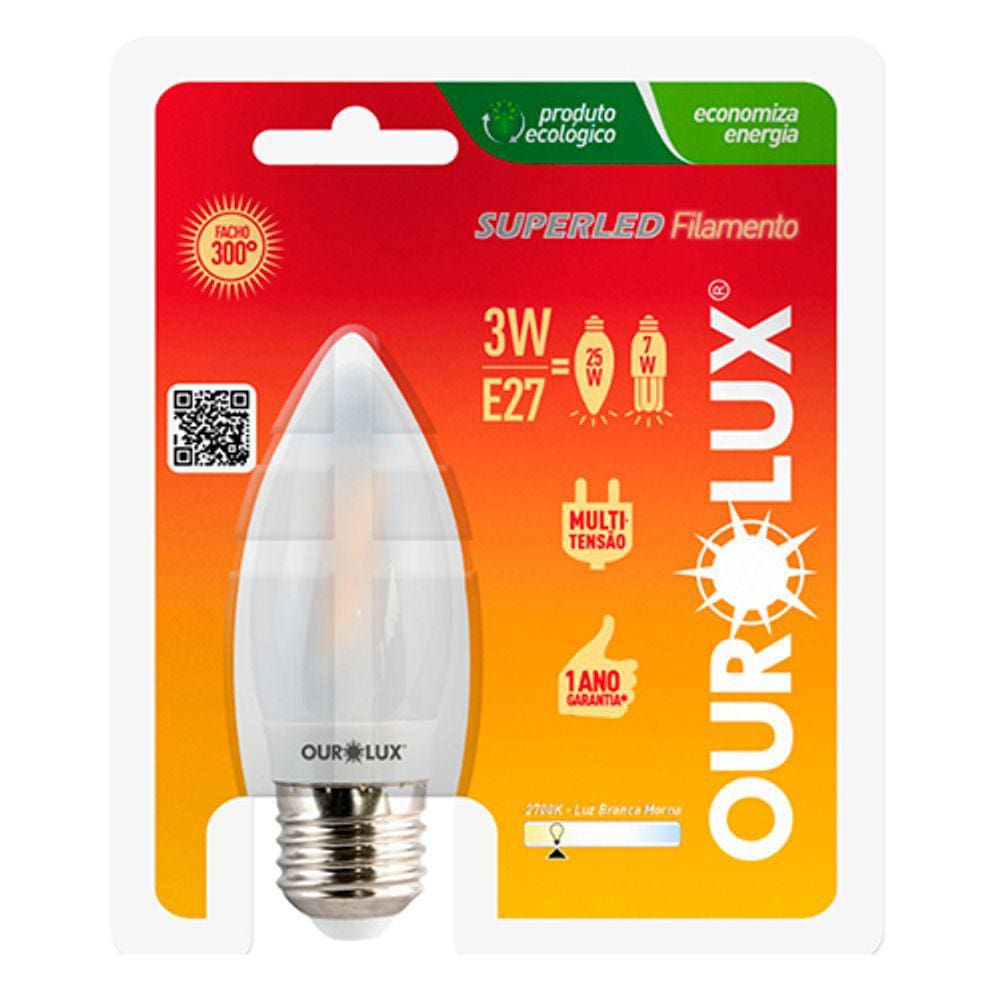 Lâmpada Filamento Led Vela 3w E27 Branco Morno 2700k Bivolt