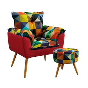Poltrona Beta com Puff Solar Sued Estampado Colorido com Vermelho Aradecor