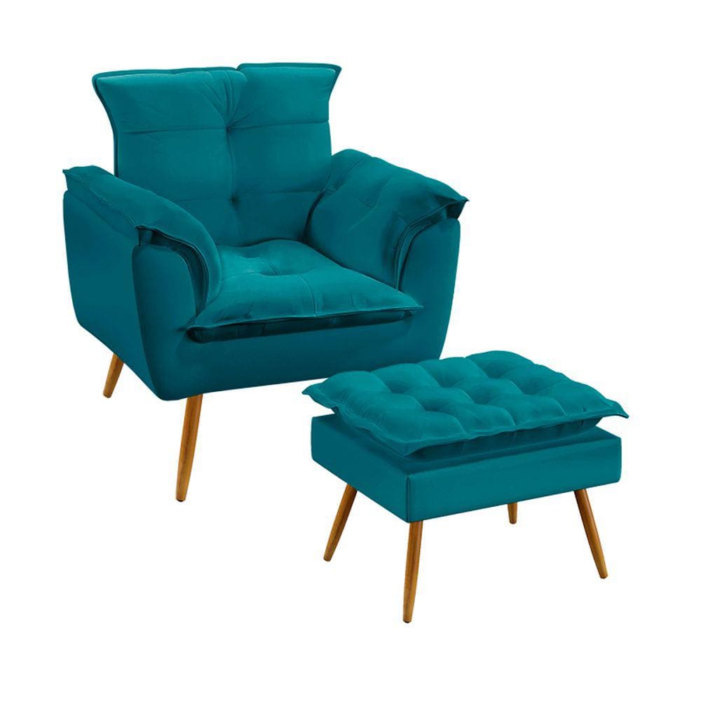 Poltrona Beta com Puff Lunar Sued Azul Turquesa Aradecor