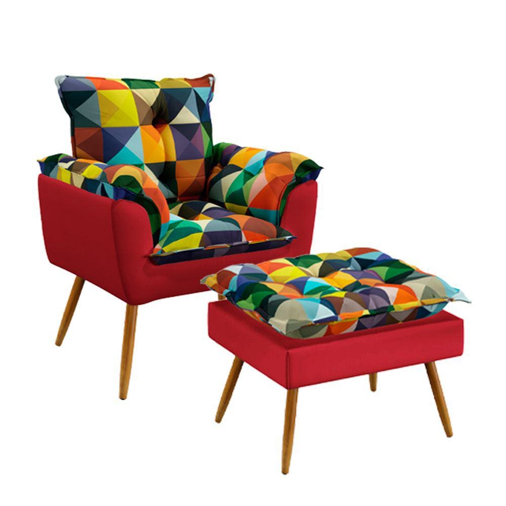 Poltrona Beta com Puff Lunar Sued Estampado Colorido com Vermelho Aradecor