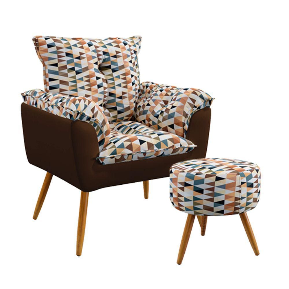 Poltrona Beta com Puff Solar Sued Estampado Laranja com Marrom Aradecor