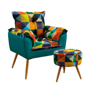 Poltrona Beta com Puff Solar Sued Estampado Colorido com Azul Turquesa Aradecor