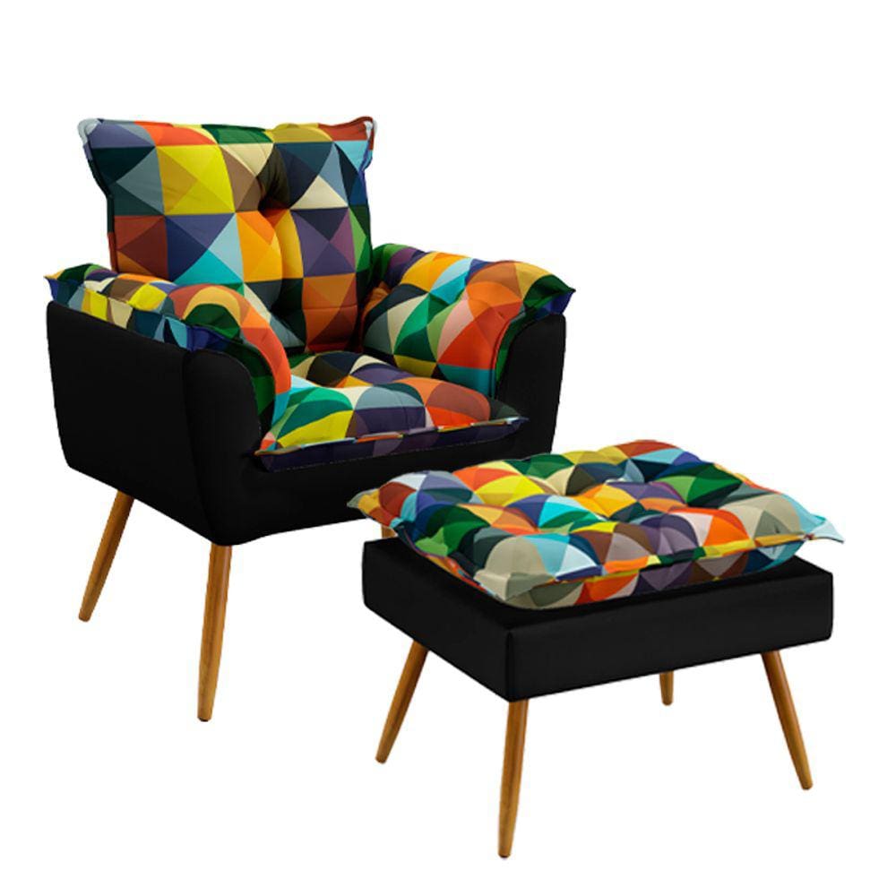 Poltrona Beta com Puff Lunar Sued Estampado Colorido com Preto Aradecor