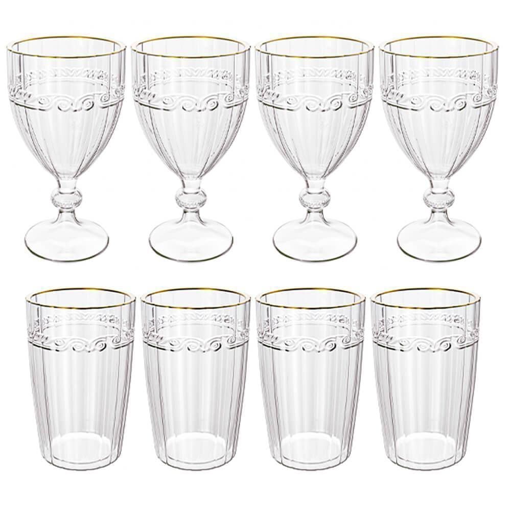 Jogo Taças E Copos Cristal Imperial Fio Ouro 8 Peças Lyor