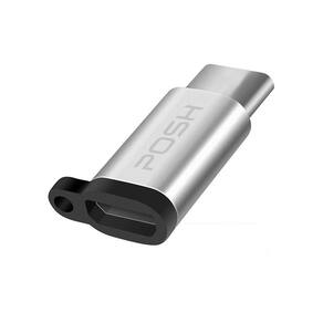Adaptador Posher Micro USB para USB C em metal com cordao para cabo USB Prateado