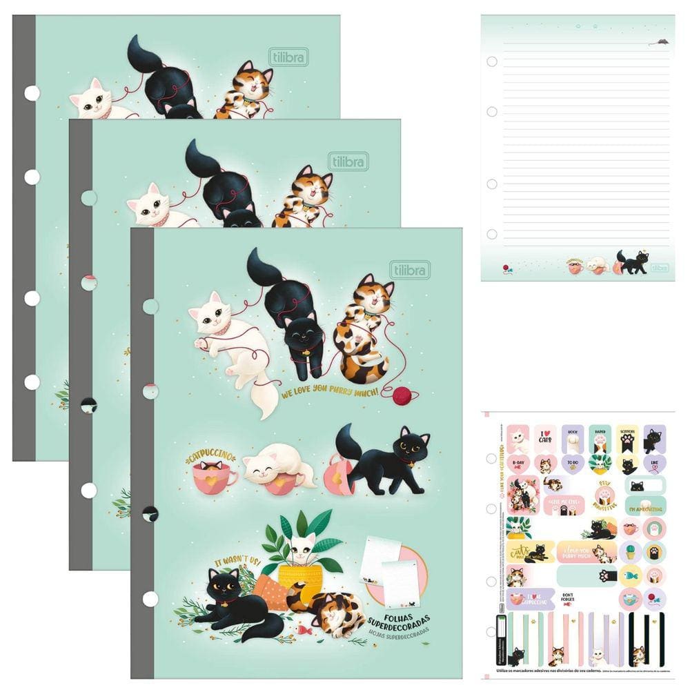 Kit 03 Refil Caderno Argolado Fichário (COLEGIAL) 17,7 x 24cm Purrfect Cats Tiliflex 80 Folhas  Tilibra