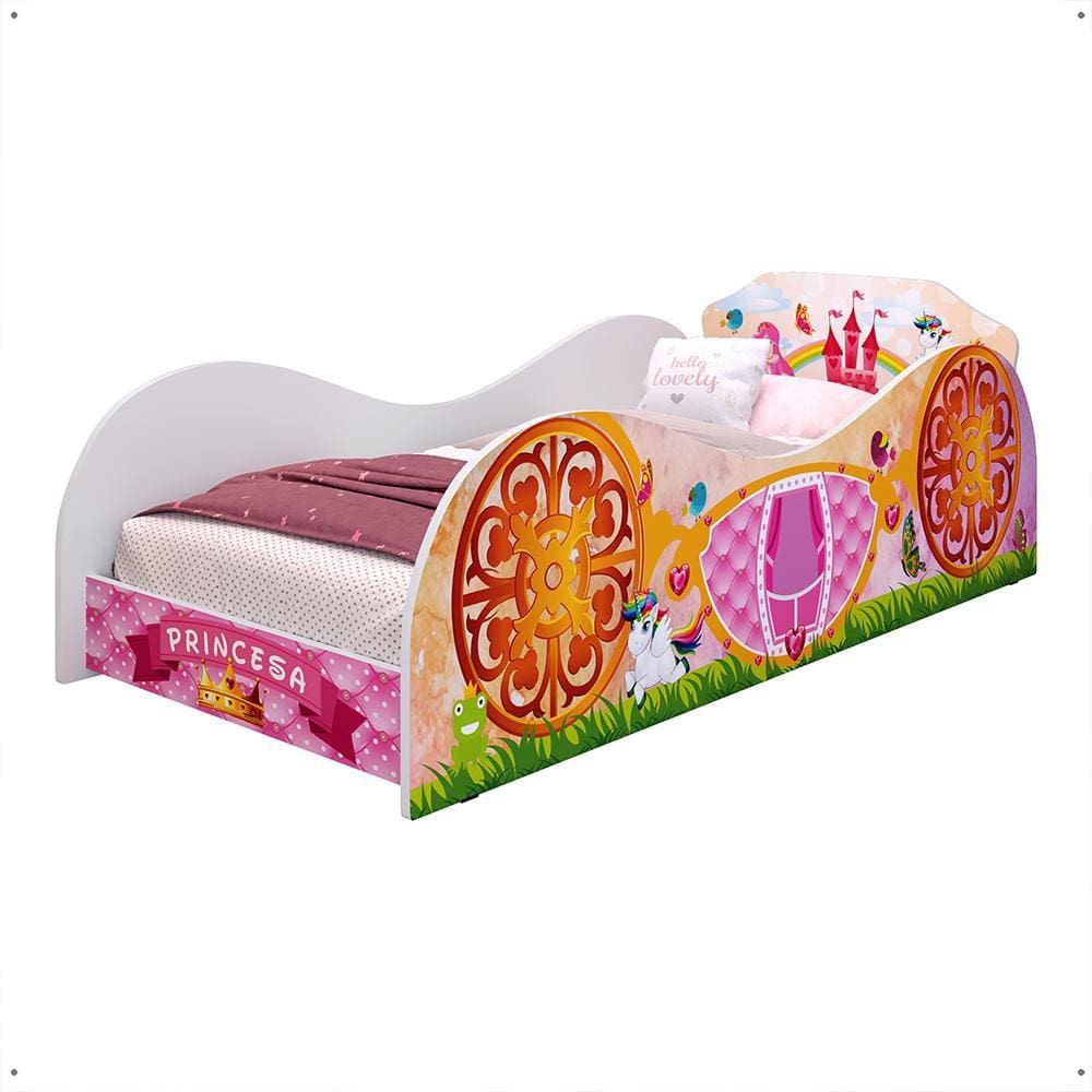 Cama Solteiro Infantil Carruagem Montessoriana MDF Lateral Grade Proteção Decoração Quarto Juvenil Menina Feminino Princesa Encantada Rosa- RPM