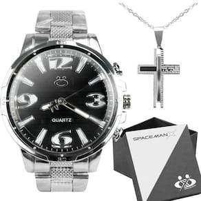Relogio masculino aço inox + cordão pingente cruz + caixa