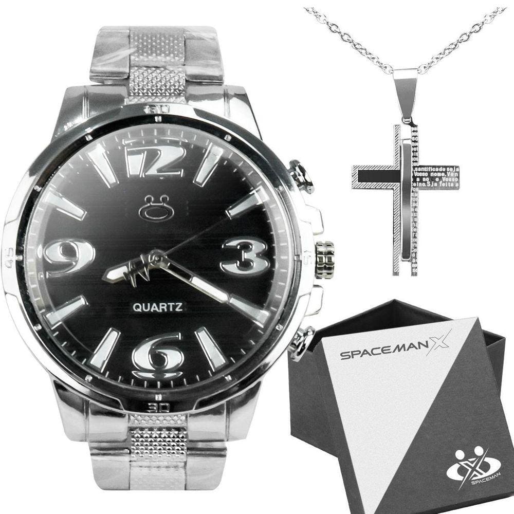 Relogio Masculino Aço Inox + Cordão Pingente Cruz + Caixa
