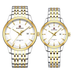Conjunto Relógio De Quartzo Data Automática Em Aço Inoxidável Impermeavel Branco Dourado