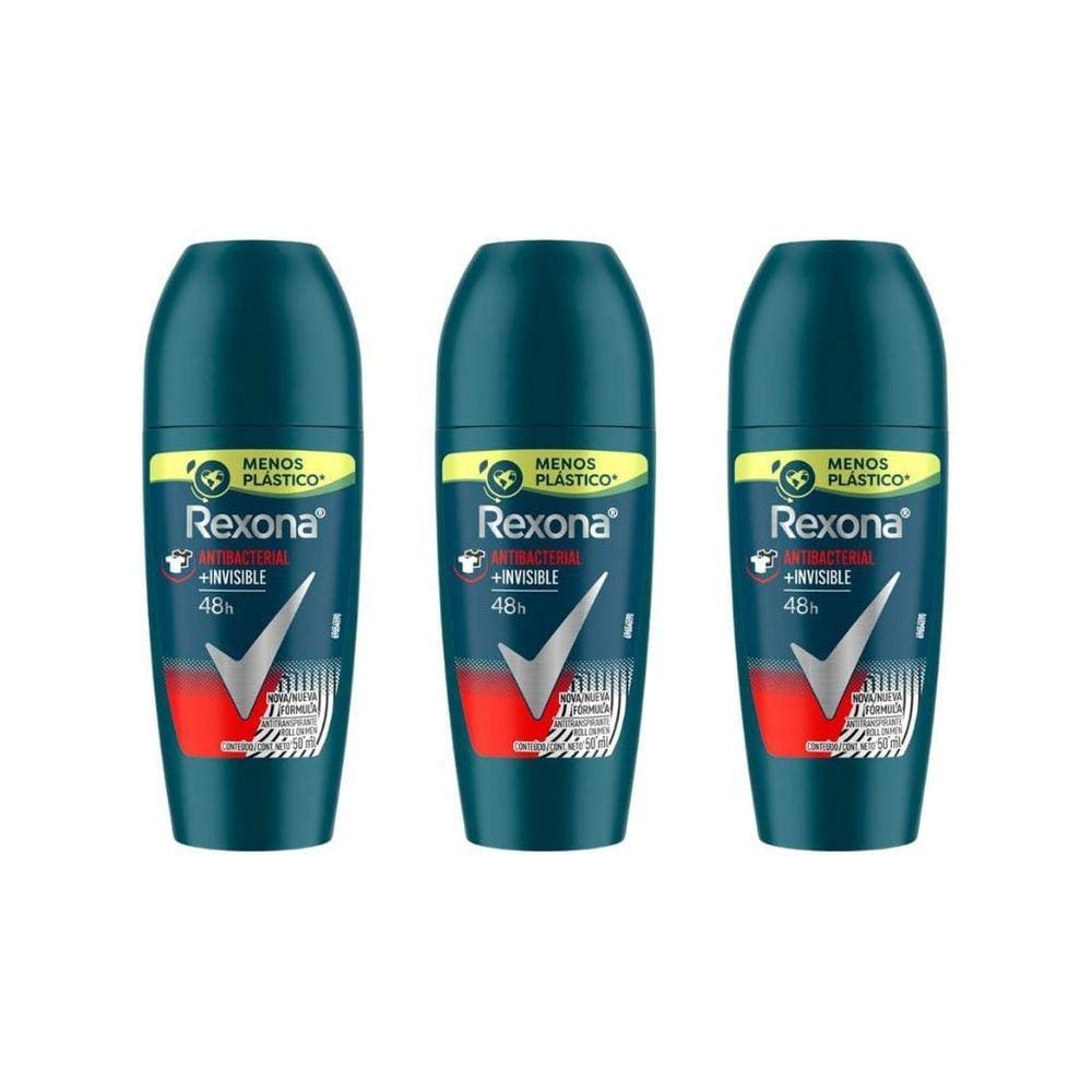 Desodorante Roll-On Rexona 50Ml Masc Antibacte Invisible-3Un