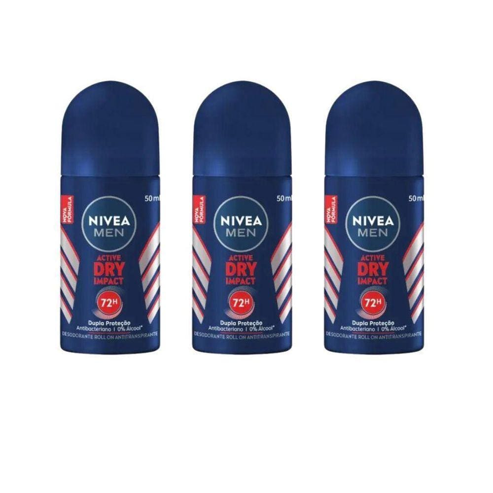 Desodorante Roll-On Nivea 50Ml Masc Dry Impact - Kit C/3Un