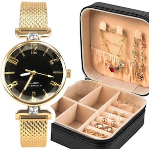 Relogio Dourado Banhado + Pulseira + Brincos + Porta Joia