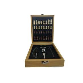 Kit de Acessórios para Vinho Com Caixa Mini Tabuleiro de Xadrez em Bambu Linha Luxo